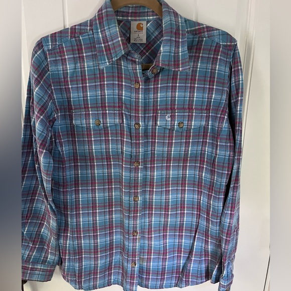 Carhartt Shirt Womens Small Blue-pink Plaid Flannel Button Up Long Sleeve Shirt - Picture 1 of 3